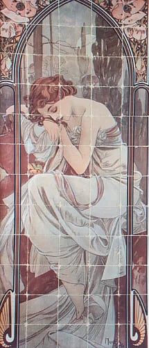 Mucha tile art woman in white dress