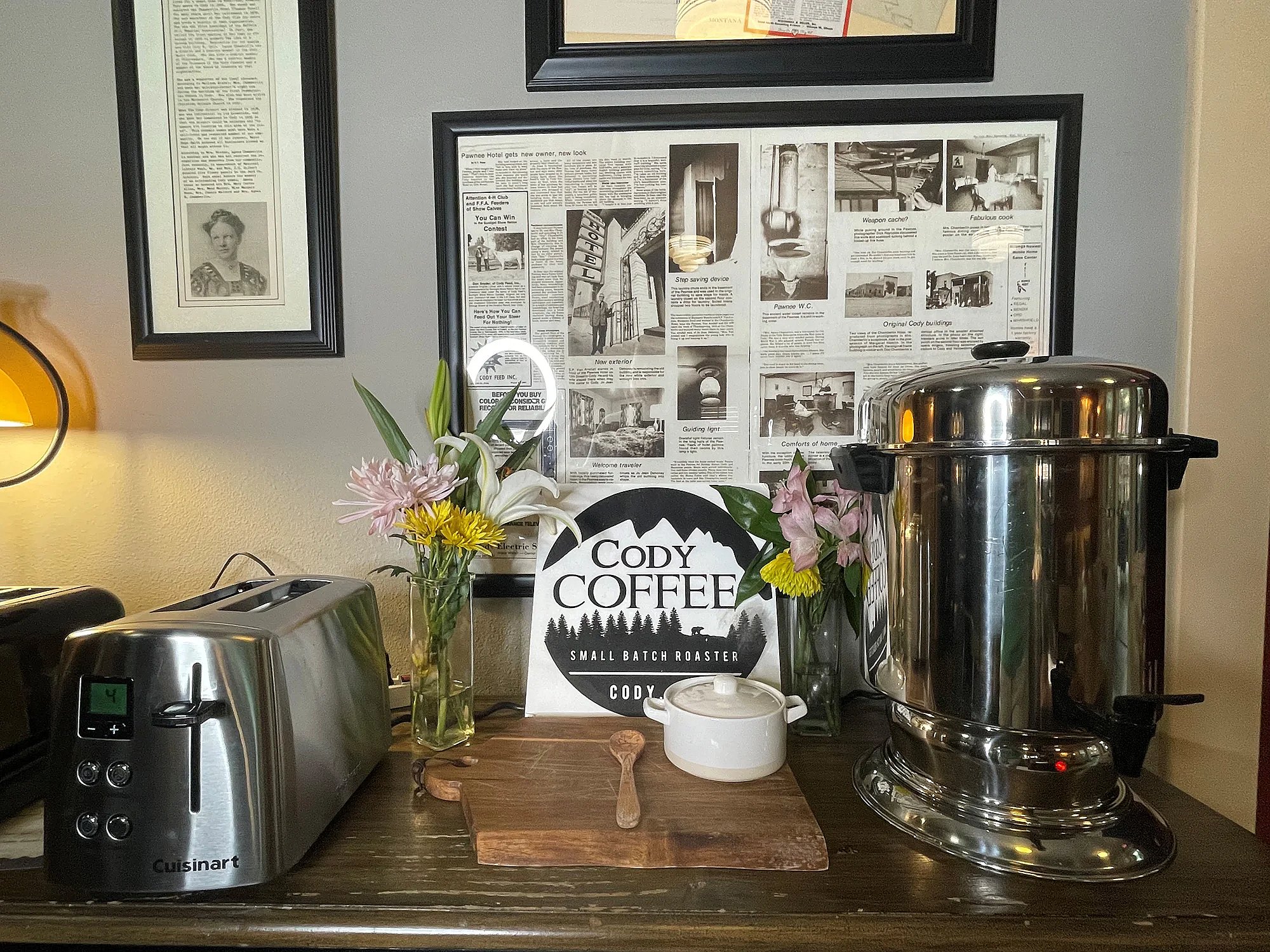 Coffee urn with sugar, creamer, and a toaster thumbnail