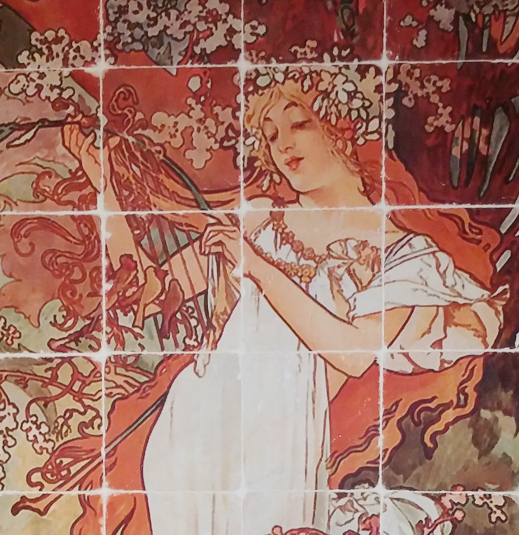 Woman with white flowers, Mucha tile art