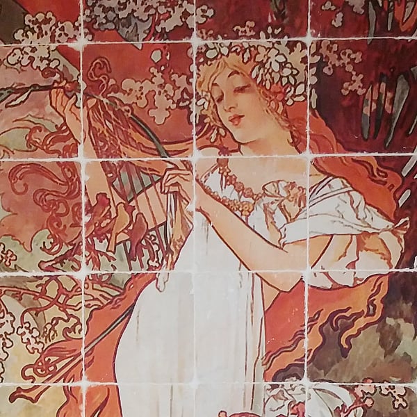 Woman with white flowers, Mucha tile art
