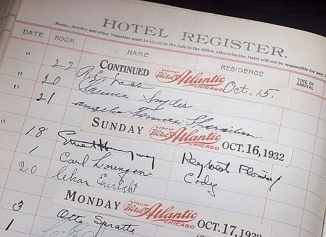 Ernest Hemingway's signature in the Chamberlin Inn's hotel register in Cody, Wyoming.