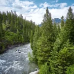 Aerial view of whitewater rafting in Cody Wyoming